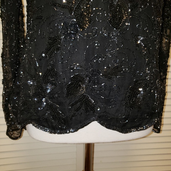 Vintage Black Beaded Silk V-Neck Evening Top - Picture 6 of 7